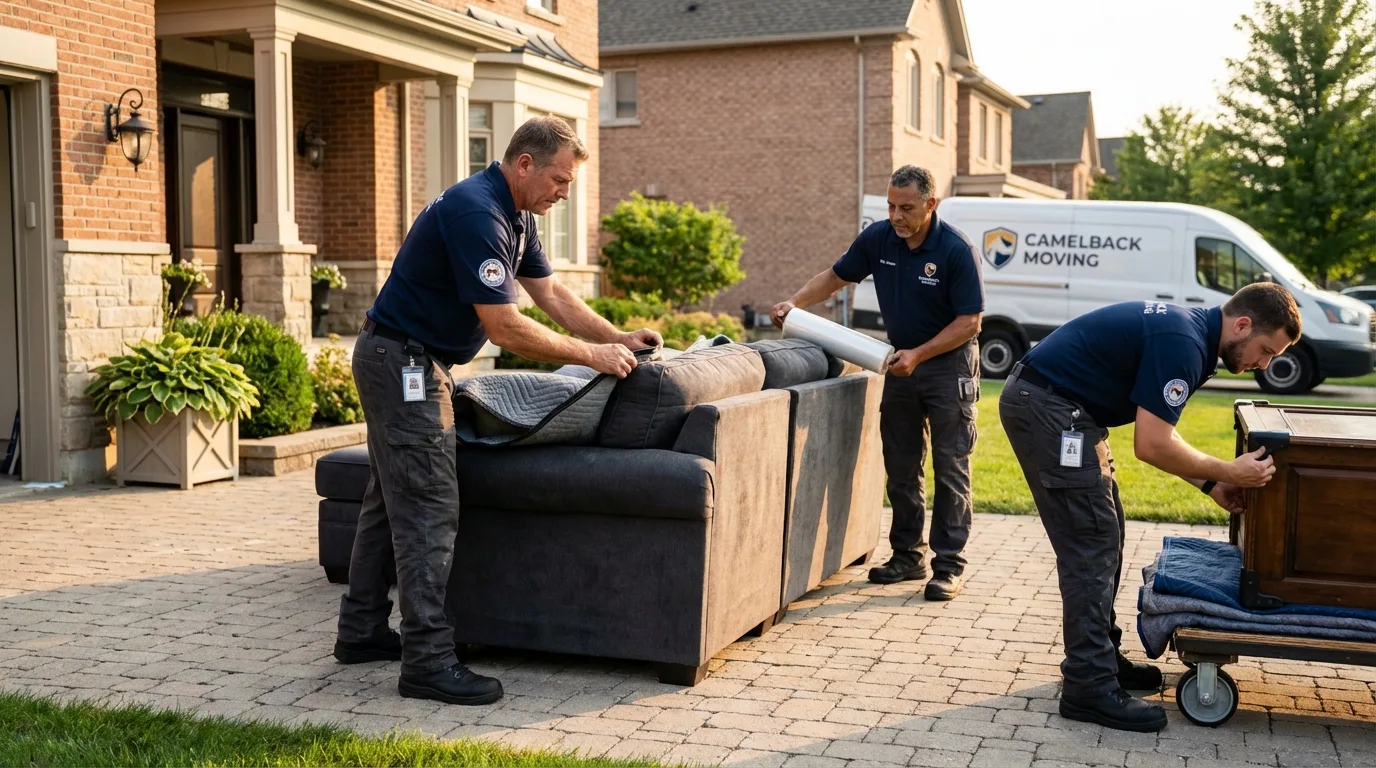 Large estate moving crew wrapping furniture in Bellevue, MI
