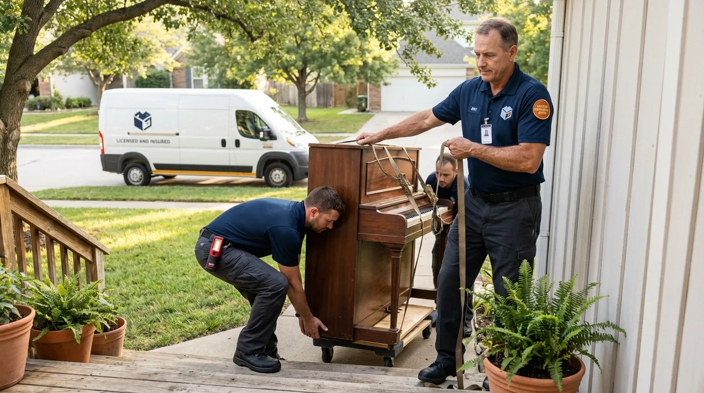 Licensed piano movers securing grand piano in Bellevue, MI
