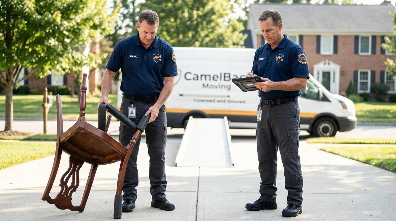 Movers inspecting furniture for damage prevention before loading in Bellevue, MI